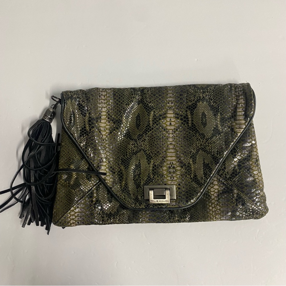 Tylie Malibu Olive Green Snake-Print Clutch with Black Tassel